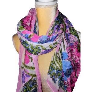 VERA NEUMANN Vintage Linen PURPLE BLUE PINK FLORAL Neck Scarf Shawl